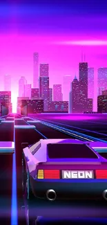 Neon retro futuristic cityscape with glowing lights and road.