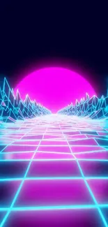 Neon pink and blue retro futuristic wallpaper with gridlines and sunset.