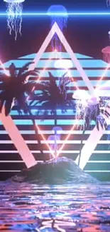 Neon retro wave wallpaper with palm trees and jellyfish.