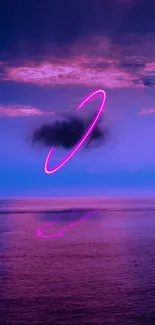 Neon ring above purple ocean with clouds.