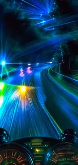 Dynamic neon road with vibrant light trails