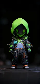 Stylized neon robotic character with a hood in a dark background.