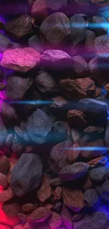 Vibrant neon rocks with blue and red glow on a mobile wallpaper.