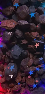 Vibrant neon-outlined rocks on mobile wallpaper.