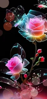 Neon rose and butterfly digital art wallpaper with vibrant colors.
