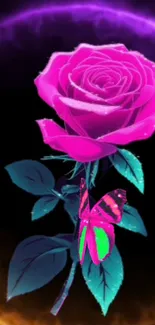 Neon rose and butterfly with vibrant glow on dark background.