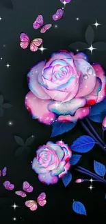 Neon roses with butterflies on dark background wallpaper.