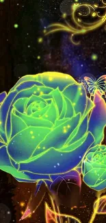 Neon roses and butterfly on starry background.