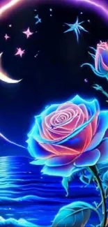 Neon rose under a night sky with stars and moon