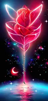 Vibrant neon rose in cosmic background for mobile wallpaper.