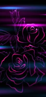 Neon pink roses outlined on a black background wallpaper.