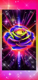 Neon rose with glowing colors and cosmic background.