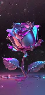 Neon rose with a glowing cosmic background.