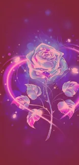 Neon rose with pink and purple hues on a dark red background.