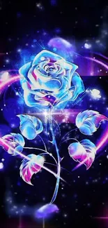 Neon blue rose with galaxy background.