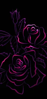 Neon pink roses with glow on black background wallpaper.