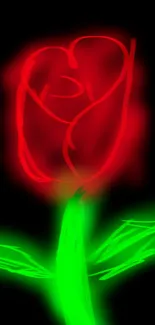 Neon red rose with green leaves on black background.