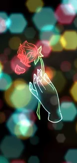 Neon outlined hand holding a red rose on a black background.