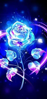 Vibrant neon blue rose with glowing pink hearts on a dark background.