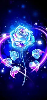Neon blue rose with glowing heart design on dark background.