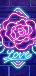 Neon rose with 'Love' sign on brick wall background.