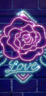 Neon rose with love sign on brick background.