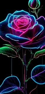 Neon rose with vibrant colors on black background.