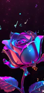 A neon rose with colorful music notes on a dark background.