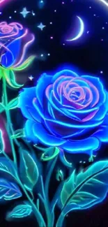 Vibrant neon floral wallpaper with glowing blue roses under a starry night sky.