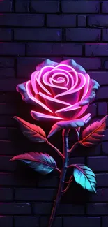 Neon rose glowing against a dark brick wall.
