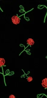 Neon rose pattern on black background wallpaper.