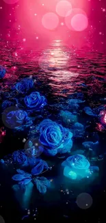 Neon blue roses under a pink twilight sky, reflecting in water.