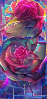 Vibrant neon roses digital art wallpaper in pink and blue hues