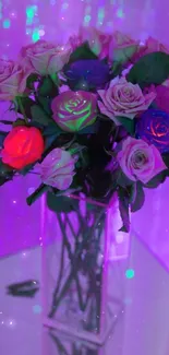 Vibrant neon roses glowing against a purple background.