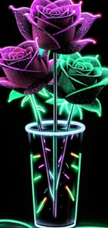 Neon roses in a glass vase with glowing colors on a black background.