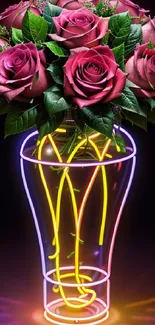 Vibrant neon roses in a glass vase with glowing neon colors.