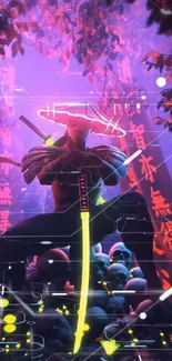 Neon-lit samurai with sword in a purple fantasy scene.