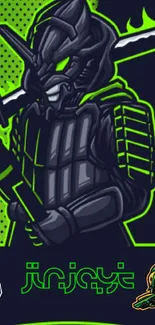 Vibrant neon green samurai mobile wallpaper with futuristic design.