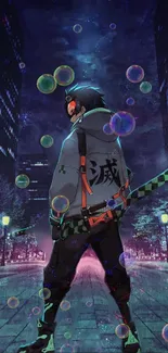 Futuristic samurai in a neon-lit cityscape with colorful bubbles and vibrant visuals.