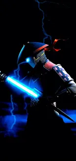 Futuristic neon samurai with sword under stormy night sky.