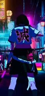 Samurai standing in vibrant neon-lit urban street.