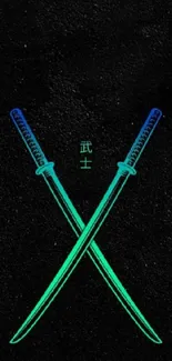 Neon crossed samurai swords on black background wallpaper.