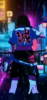 Neon-lit street with samurai in vibrant urban setting.