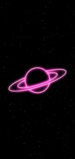 Neon pink Saturn on a starry black background.