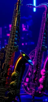 Neon-lit saxophones glowing under vibrant lights.