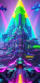 Futuristic neon cityscape with vibrant colors and sci-fi elements.