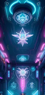 Neon sci-fi corridor with glowing elements and futuristic design.