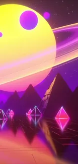 Neon sci-fi wallpaper with a large glowing planet and geometric shapes.