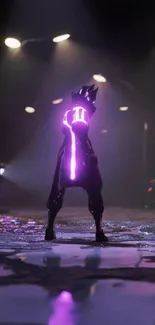 Futuristic neon-lit character stands on a shiny urban street at night.