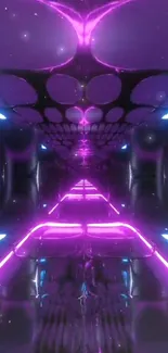 Futuristic tunnel with neon lights in purple and blue hues creating a sci-fi atmosphere.